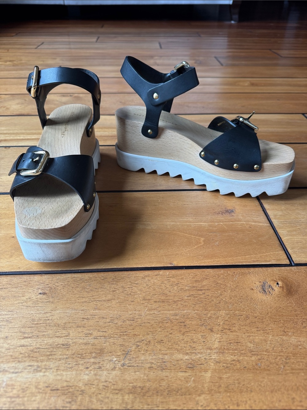 Stella McCartney Black Leather Platform Sandals with Gold Hardware